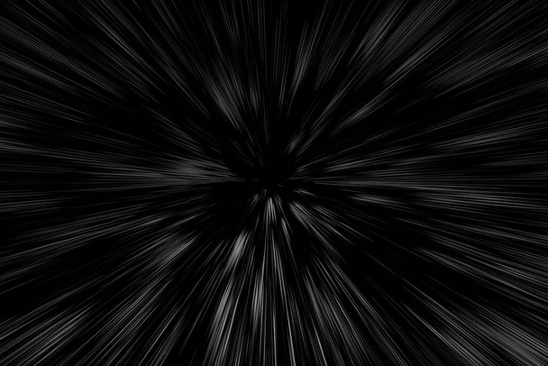 Líneas blancas Bokeh sobre fondo negro, abstracción, movimiento de luz de velocidad abstracta textura borrosa, partícula estrella o viaje espacial, efecto de extrusión en blanco y negro - Foto, imagen