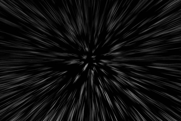 Líneas blancas Bokeh sobre fondo negro, abstracción, movimiento de luz de velocidad abstracta textura borrosa, partícula estrella o viaje espacial, efecto de extrusión en blanco y negro - Foto, imagen
