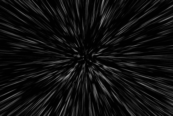 Lignes blanches Bokeh sur fond noir, abstraction, texture floue abstraite de mouvement de lumière de vitesse, particule étoile ou voyage dans l'espace, effet d'extrusion noir et blanc - Photo, image