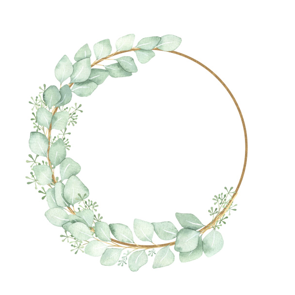 Watercolor wreath-frame of eucalyptus branches with Golden ellipses isolated on a white background. For textiles, Wallpaper, stickers, wedding design. - Zdjęcie, obraz