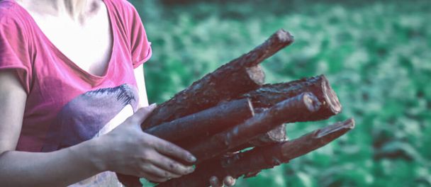Девушка несёт в руках полный арсенал сухих дров для костра - Фото, изображение