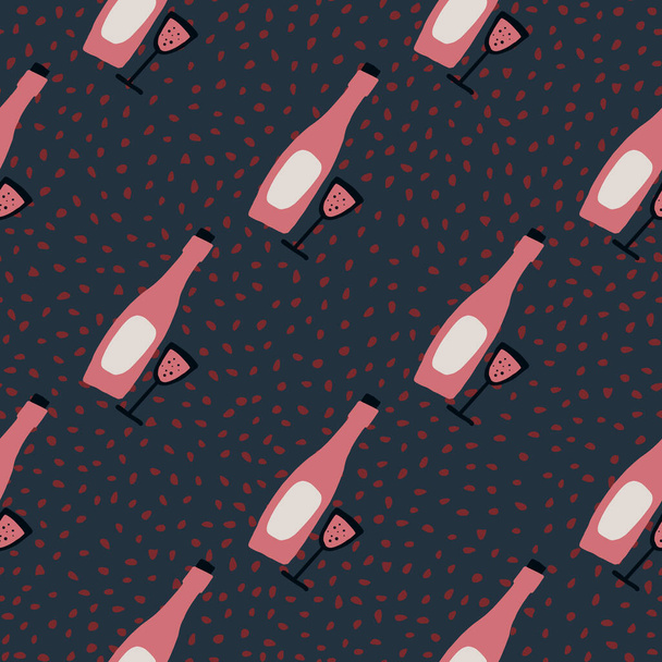 Dunkles, nahtloses Muster mit Doodle-Weinornament. Pinkfarbene Flasche und Glas auf gepunktetem Hintergrund. Perfekt für Tapeten, Textilien, Packpapier, Stoffdruck. Vektorillustration. - Vektor, Bild