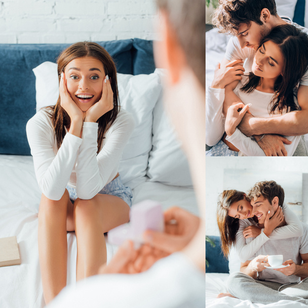 Collage de hombre sosteniendo la caja cerca de la mujer excitada y pareja abrazando y sosteniendo el café en la cama  - Foto, Imagen