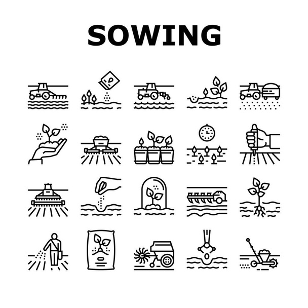 Sowing Agricultural Collection Icons Set Vector. Sowing Seeds And Field Processing, Plant Care And Harvesting, Tractor And Harvester Black Contour Illustrations - Vector, Image