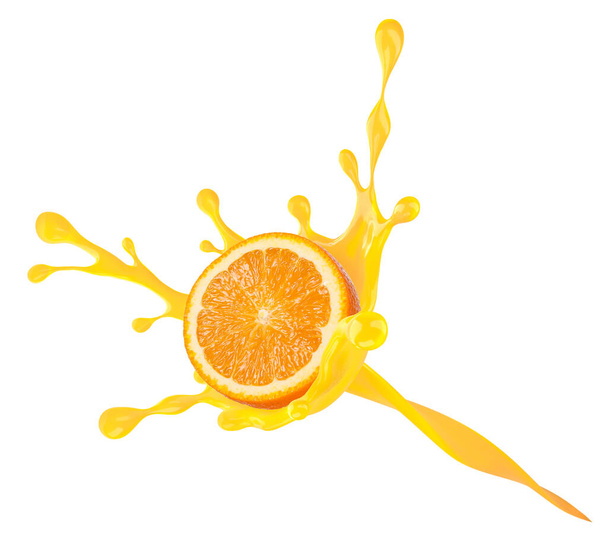 An orange splash. concept of orange with juice, isolated on white background. Clipping path. - Photo, image
