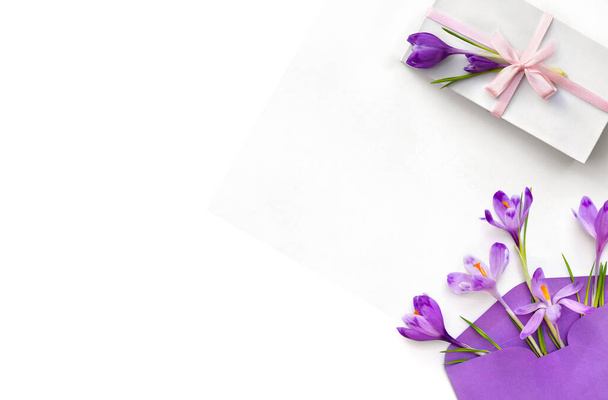 Hermosas flores de primavera cocodrilos violetas en sobre postal y caja de regalo blanca con cinta rosa y lazo sobre un fondo blanco con espacio para el texto. Vista superior, plano - Foto, Imagen