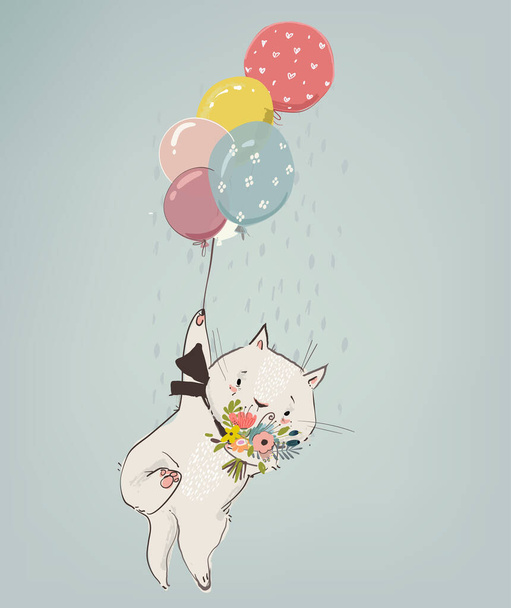 söpö kissa poika lentää ilmapalloja ja kukkia - Vektori, kuva