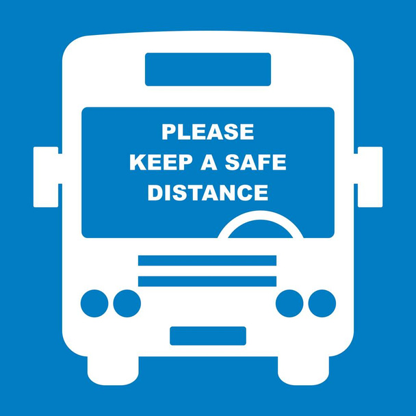 Prosím, udržujte bezpečnou vzdálenost, autobus, bílá vektorová ikona na modrém pozadí - Vektor, obrázek