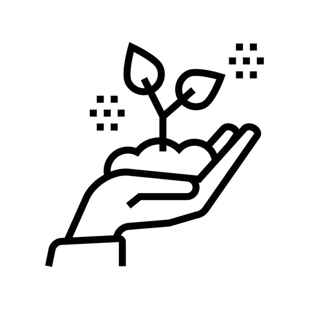mano celebración creciente planta línea icono vector. mano sosteniendo el signo de planta creciente. contorno aislado símbolo negro ilustración - Vector, Imagen