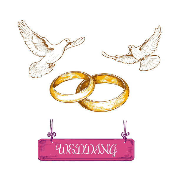 Wedding rings and pigeons - Vector, Image