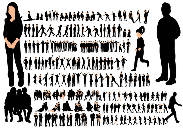  isolated silhouettes set of people, a collection of silhouettes of men, women and children - Vector, Image