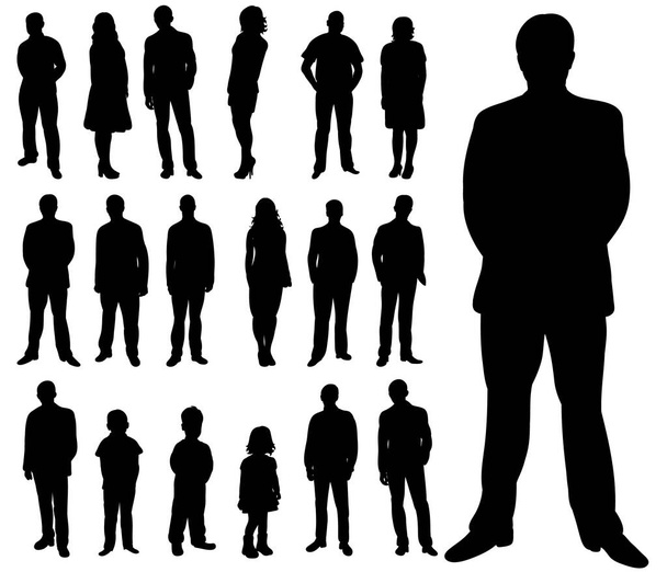  isolated silhouettes set of people, a collection of silhouettes of men, women and children - Vector, Image