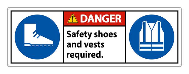 Danger signe chaussures de sécurité et gilet requis avec des symboles EPI sur fond blanc  - Vecteur, image