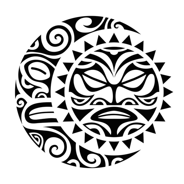 太陽と月のマオリのスタイルの入れ墨スケッチ。ラウンド部族の装飾. - ベクター画像