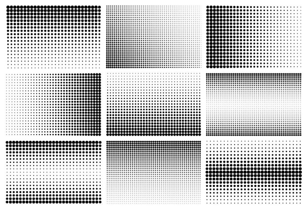 Elementi di design mezzitoni con puntini neri isolati su sfondo bianco. Modello punteggiato comico.Illustrazione vettoriale. - Vettoriali, immagini