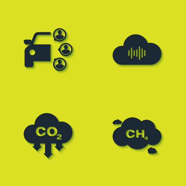 Setzen Sie Carsharing, Methanemissionsreduktion, CO2-Wolke und Musik-Streaming-Dienst Symbol. Vektor. - Vektor, Bild