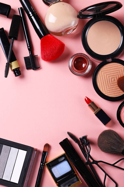 assortment of cosmetics for makeup lipstick powder eye shadow - Photo, Image