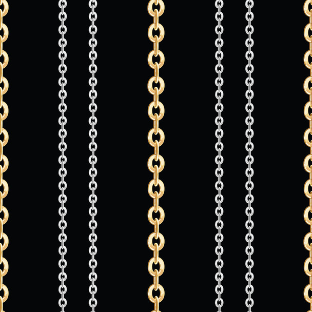 Płynny wzór małych złotych łańcuszków na czarnym tle. Powtórz projekt gotowy do dekoracji, tkaniny, nadruków, tekstyliów. - Zdjęcie, obraz