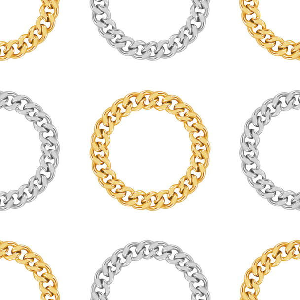 Nahtloses Muster aus goldenen und silbernen Ketten mit Kreisform auf weißem Hintergrund. Wiederholtes Design für Dekor, Stoff, Drucke, Textilien. - Foto, Bild