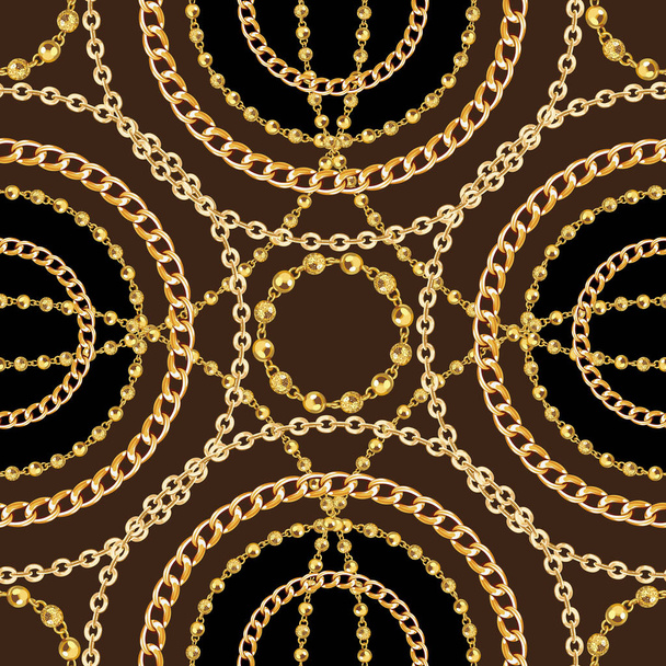 Koyu Kahverengi Arkaplanda Altın Zincirli Lüks Moda Modeli. İpek Eşarp Mücevher Şalı Tasarımı. Tekstil Yazdırımları İçin Hazır. - Fotoğraf, Görsel
