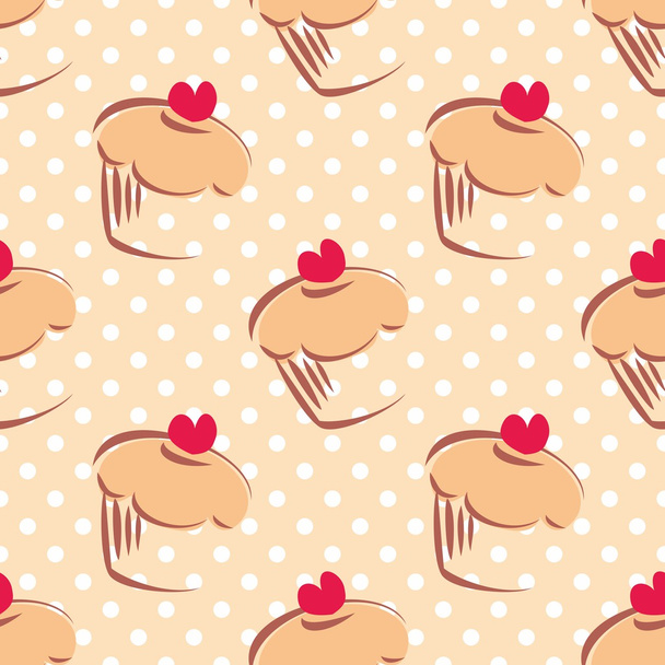 Seamless vector pattern or texture with cupcakes, muffins, sweet cake with red heart on top and white polka dots on beige background with sweets for desktop wallpaper or culinary blog website - Vector, Image