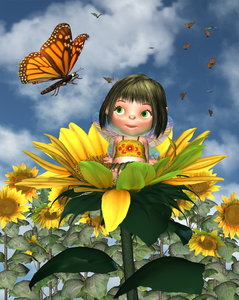 Baby Sonnenblumen Fee mit Sommer Hintergrund - Foto, Bild