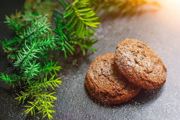 christmas cookies with chocolate in powdered sugar coniferous branch solar light on the table - Foto, Imagem