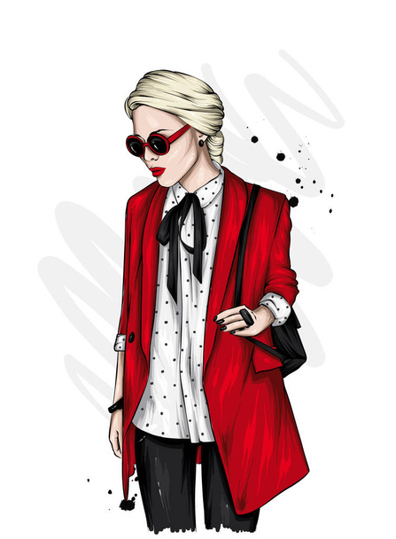 Beautiful girl in a stylish jacket and glasses. Vector illustration for a postcard or poster. Fashion and style, fashionable clothes and accessories. - Vettoriali, immagini