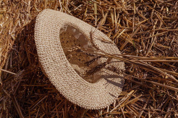 小麦の耳を持つ草の中の藁帽子 - 写真・画像
