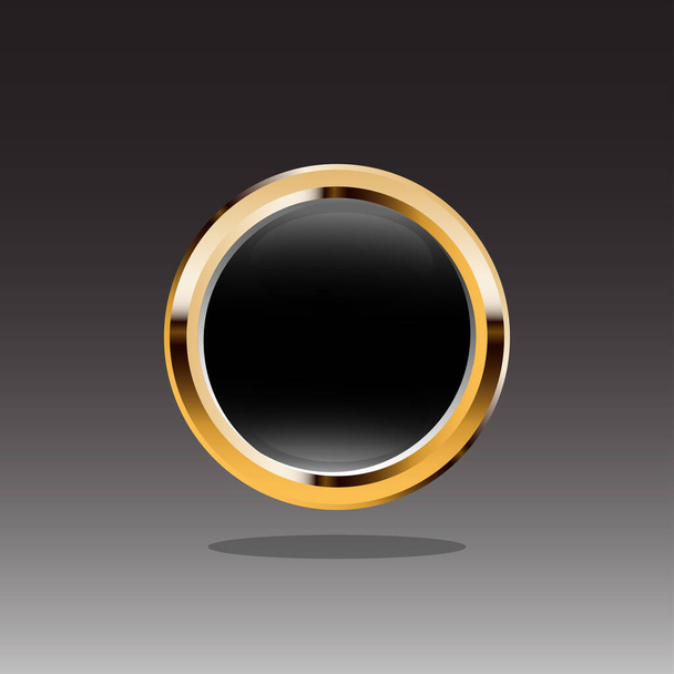  Black shiny button with gold frame. Vector illustration on black background. 3d shiny round icon. Vector glossy design for website. - Vector, Image