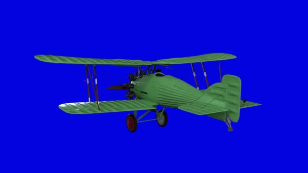 Avion biplan à hélice animée. Animation physique réaliste. Images écran bleu - Séquence, vidéo