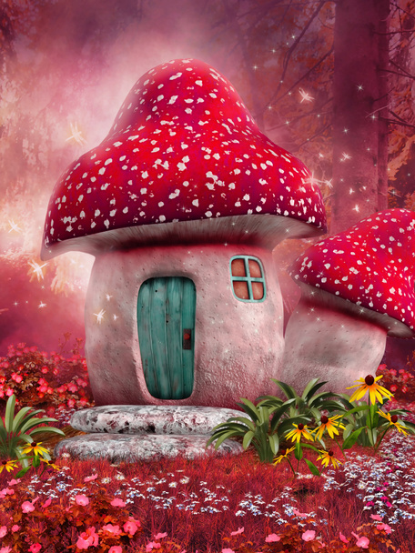 ピンク色のキノコの家 - 写真・画像