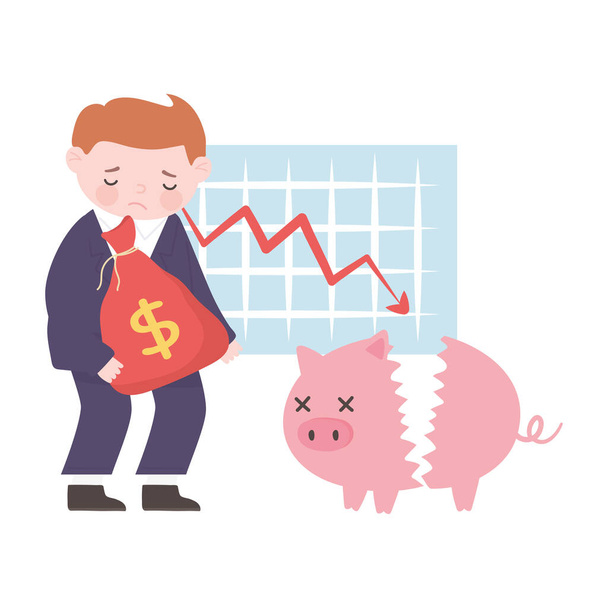 bankruptcy sad businessman bag money piggy bank and down chart report business financial crisis - Vector, Image