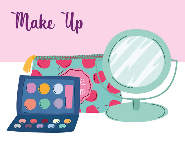 maquillaje cosméticos producto moda belleza cosmética bolso espejo sombra de ojos paleta cepillo - Vector, Imagen
