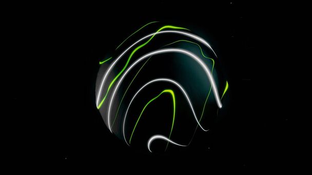 Siyah arkaplanda soyut titreşimli yuvarlak şekilli figür. Animasyon. Dalgalı 3D sıvı top bükülmüş yeşil ve beyaz parlayan çizgiler, pürüzsüz döngü. - Fotoğraf, Görsel