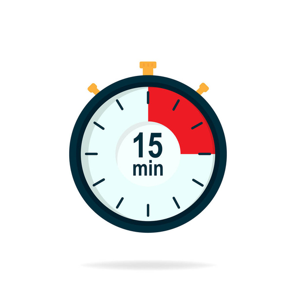 15 minutes timer. Stopwatch symbol in flat style. Isolated vector illustration. - Vector, Image