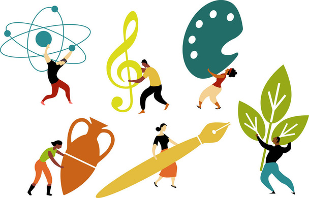 Représentation graphique des arts et des sciences, personnes portant des symboles de musique, recherche, écriture, illustration vectorielle EPS 8 - Vecteur, image