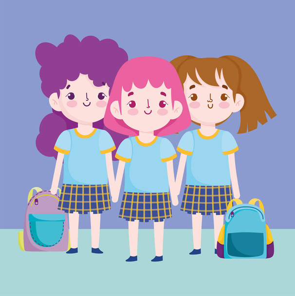 de vuelta a la escuela, niñas lindas con uniforme y mochilas de dibujos animados de educación primaria - Vector, imagen