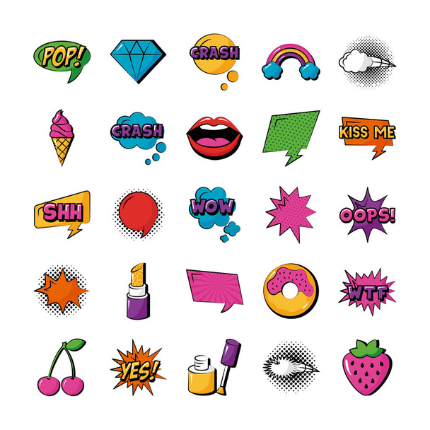 paquete de veinticinco iconos de colección de arte pop conjunto - Vector, imagen