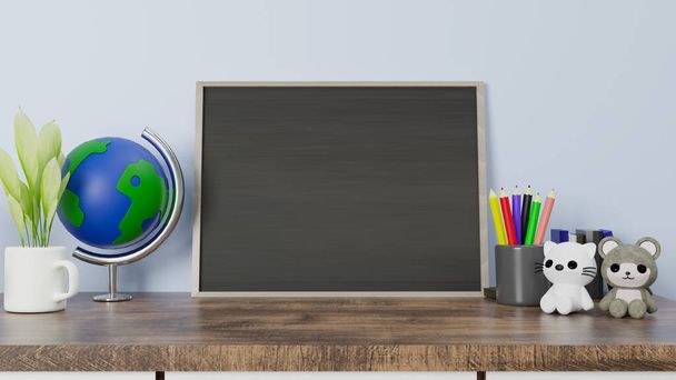 3d chalkboard renderização em mesa de madeira com gato e urso dool. voltar ao conceito de escola e dia do professor. - Foto, Imagem