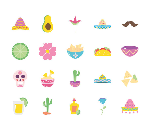 conjunto de iconos de flores y cultura mexicana, estilo plano - Vector, Imagen