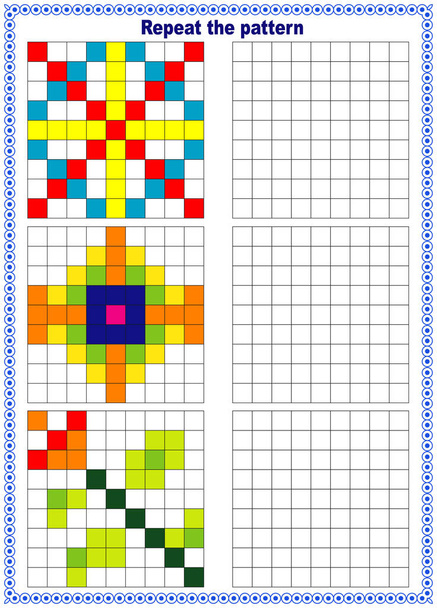 Fill out the template. Copy the picture. Printed sheet. Pixel graphics. Education is a logical game for preschool children.  - Фото, изображение