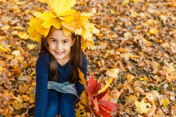 Portrait of smiling child with wreath of leaves on head. Background of sunny autumn park. - Foto, immagini