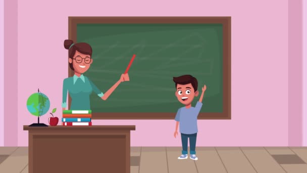 πίσω στο σχολείο animation με γυναίκα δάσκαλο και σχολιαρόπαιδο στην τάξη - Πλάνα, βίντεο