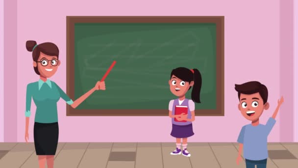 назад к школьной анимации с учительницей и студентами - Кадры, видео