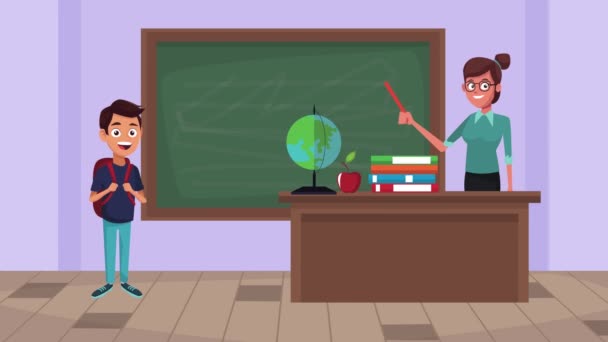 terug naar school animatie met vrouwelijke leraar en schooljongen in de klas - Video