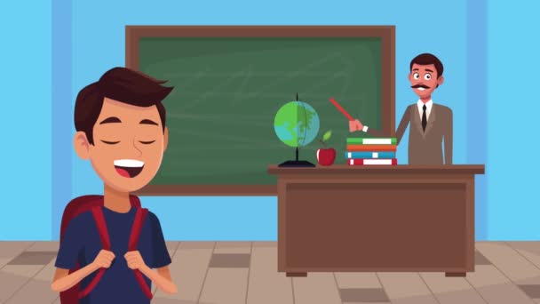 zpět do školy animace s mužským učitelem a školákem ve třídě - Záběry, video