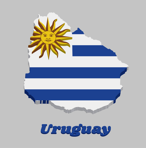Mapa 3D contorno y bandera de Uruguay, franjas horizontales de blanco alternan con azul claro y el Sol de Mayo, con texto Uruguay. - Vector, imagen