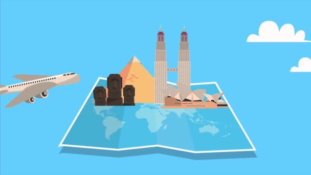 matkustaa monumentteja maailman ja lentokone lentää maan paperi kartta - Materiaali, video