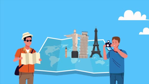 travel at monuments of the world with tourists in earth paper map - Footage, Video